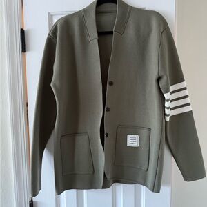 Olive Green Cardigan with White Stripes